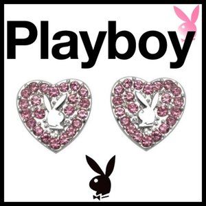 Playboy Earrings Pink Crystal Heart Bunny Stud y2k